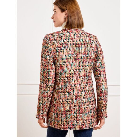 NWT Talbots Candy Tweed Fringe Topper Open Jacket Coat Women 8 Red Multi Pockets - Picture 2 of 13